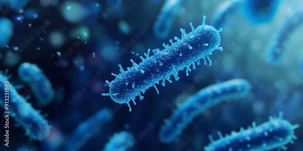 A blue bacteria is floating in the air, captured from an extreme close-up perspective A blue bacteria is floating in the air, captured from an extreme close-up perspective
