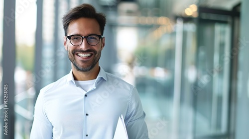 Confident Young Professional in Urban Office Setting with Folder, Clear Space for Copy, Cityscape View