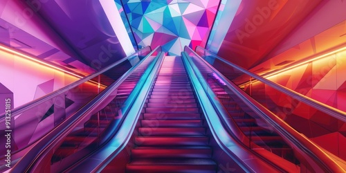 Neon escalators ascend into a colorful geometric ceiling.