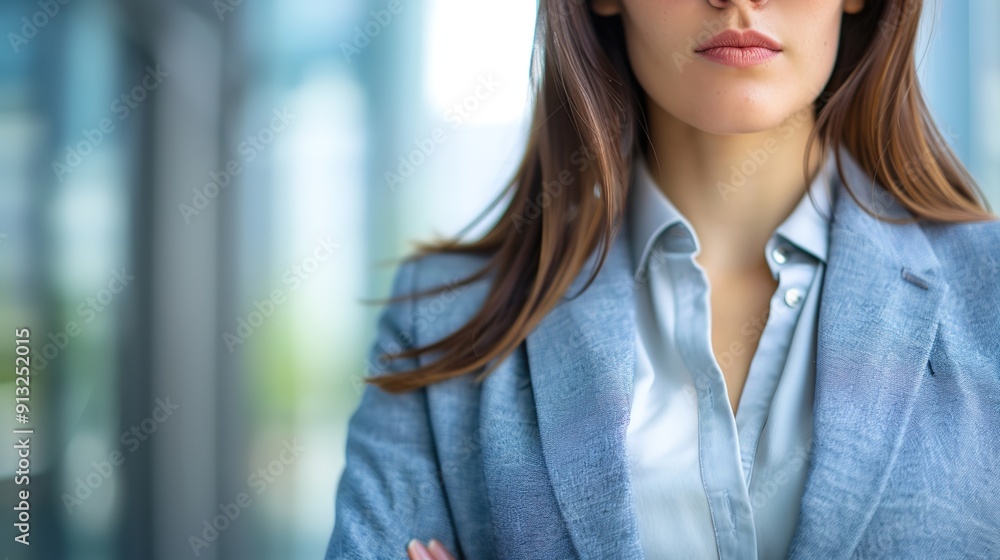 Confident Businesswoman in Professional Attire with City Office Background Confident Businesswoman in Professional Attire with City Office Background