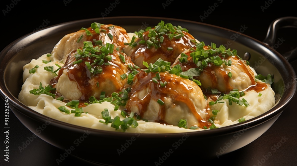 Close view of chicken and dumplings, front view from above, studio lighting, isolated white background. Close view of chicken and dumplings, front view from above, studio lighting, isolated white background.