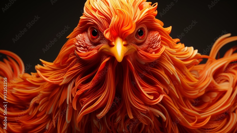 Close view of chicken and noodles, front view from above, studio lighting, isolated white background. Close view of chicken and noodles, front view from above, studio lighting, isolated white background.