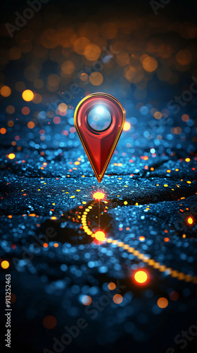 A location pin stands prominently atop a shimmering blue surface, illuminated by scattered glowing lights in a nighttime setting
