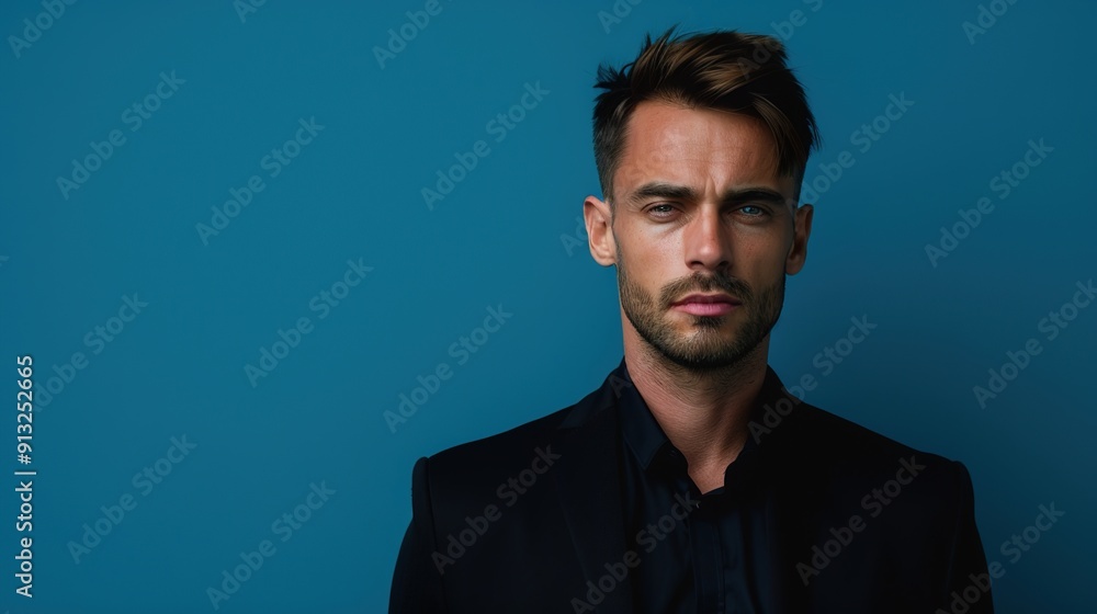 Fototapeta premium Stylish Professional Male Model Posing in High-End Fashion with Serious Expression in Studio