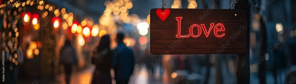 Romantic Love Sign with Couple Holding Hands under Lanterns - Red Bold Letters and Empty Space for Text. Romantic Love Sign with Couple Holding Hands under Lanterns - Red Bold Letters and Empty Space for Text.
