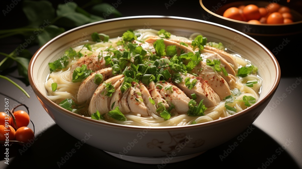 Close view of chicken noodle soup, front view from above, studio lighting, isolated white background. Close view of chicken noodle soup, front view from above, studio lighting, isolated white background.