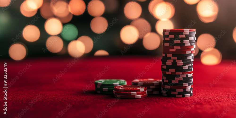 Poker chips on a red table with a blurred casino background Poker chips on a red table with a blurred casino background