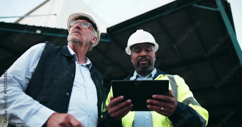 Businessmen, contractor and architect with tablet for construction, planning or maintenance at site. Man, civil engineer or colleagues with techology for architecture, industrial building or change Businessmen, contractor and architect with tablet for construction, planning or maintenance at site. Man, civil engineer or colleagues with techology for architecture, industrial building or change