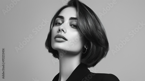 Wallpaper Mural Stylish Confidence - Portrait of a Modern Woman with Short Bob Haircut in Monochromatic Studio Wearing Elegant Attire Torontodigital.ca