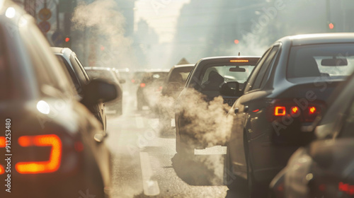 Dense urban traffic emitting exhaust fumes, highlighting air pollution and environmental concerns in a busy city environment. photo