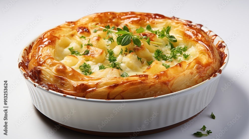 Close view of chicken pot pie, front view from above, studio lighting, isolated white background. Close view of chicken pot pie, front view from above, studio lighting, isolated white background.