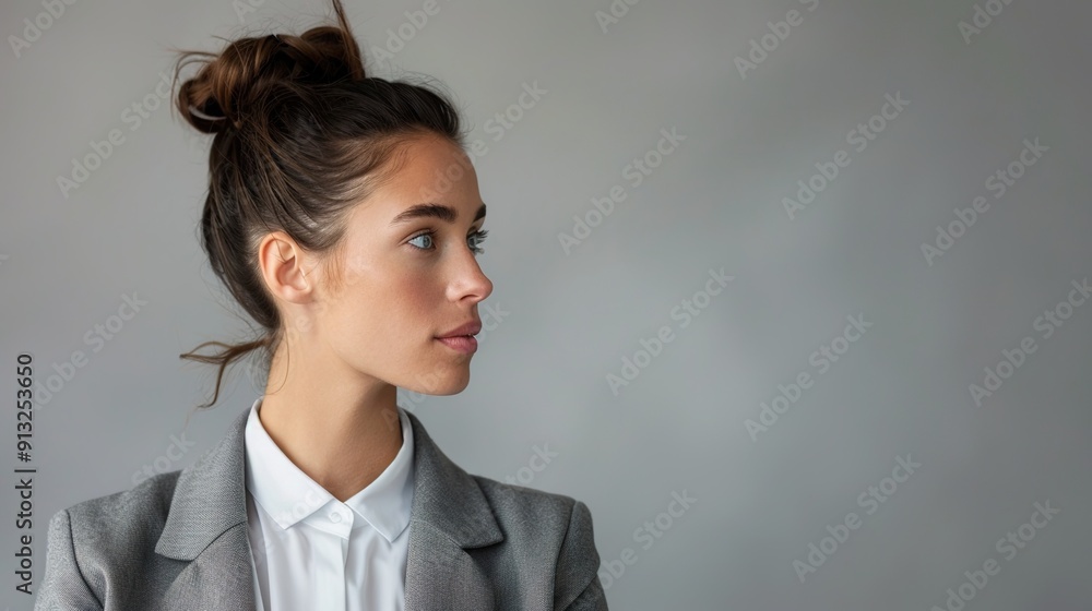 Confident Businesswoman in Blazer with Elegant Bun Hairstyle Exuding Authority in Professional Studio Setting