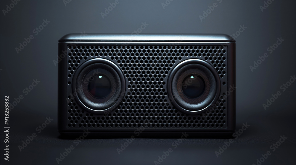 A sleek wireless speaker with dual woofers positioned against a dark backdrop, showcasing its modern aesthetic and audio technology A sleek wireless speaker with dual woofers positioned against a dark backdrop, showcasing its modern aesthetic and audio technology