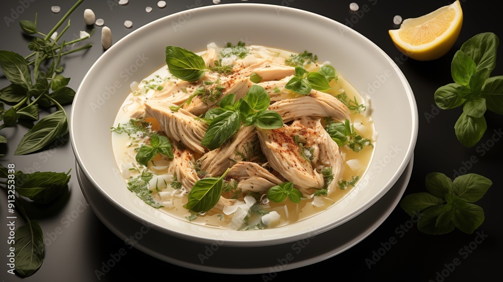 Close view of chicken soup, front view from above, studio lighting, isolated white background.