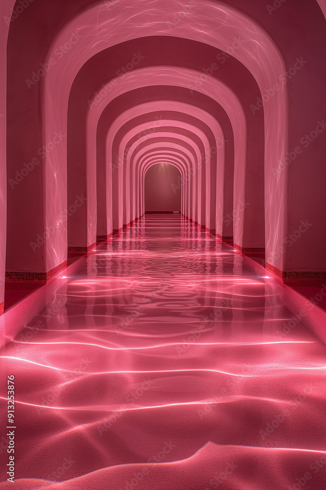 A striking arched hallway glows in soft pink light, with water-like reflections on the polished floor, creating a serene and modern atmosphere