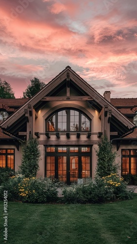 A large house with a beautiful garden in front of it