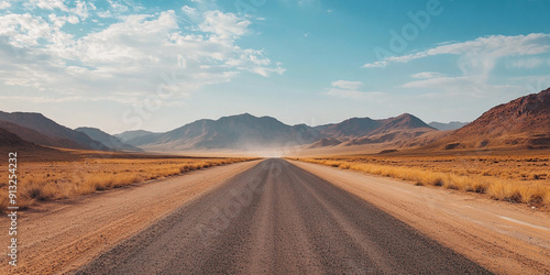 A long desert road with mountains in the background, dusty and sandy