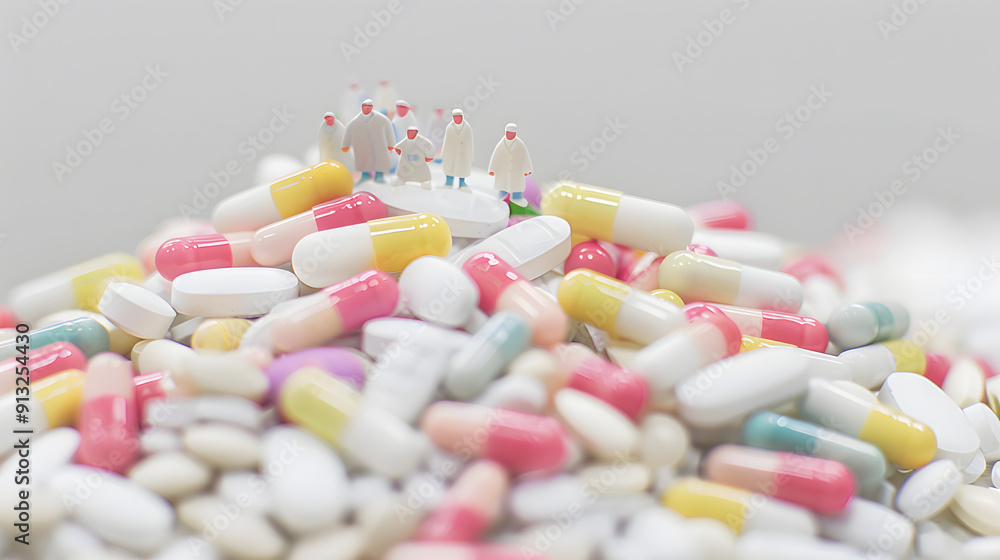 Miniature doctors in white coats and patients in hospital gowns perched on piles of medical supplies Miniature doctors in white coats and patients in hospital gowns perched on piles of medical supplies