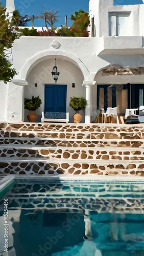 A stunning cliffside villa, crafted from white stone, boasts natural smooth stone architecture with open archways leading to a hanging patio