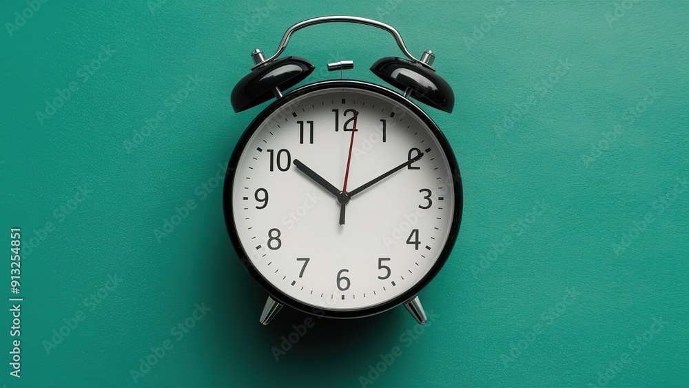 A black and white alarm clock with the time of 10:10 on it A black and white alarm clock with the time of 10:10 on it