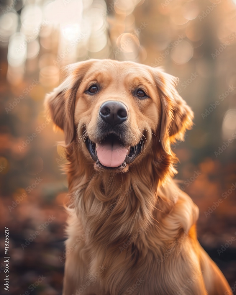 Close up portrait of a happy Golden Retriever dog looking at the camera with its tongue sticking out, in a forest setting with blurred background of warm colors. Close up portrait of a happy Golden Retriever dog looking at the camera with its tongue sticking out, in a forest setting with blurred background of warm colors.