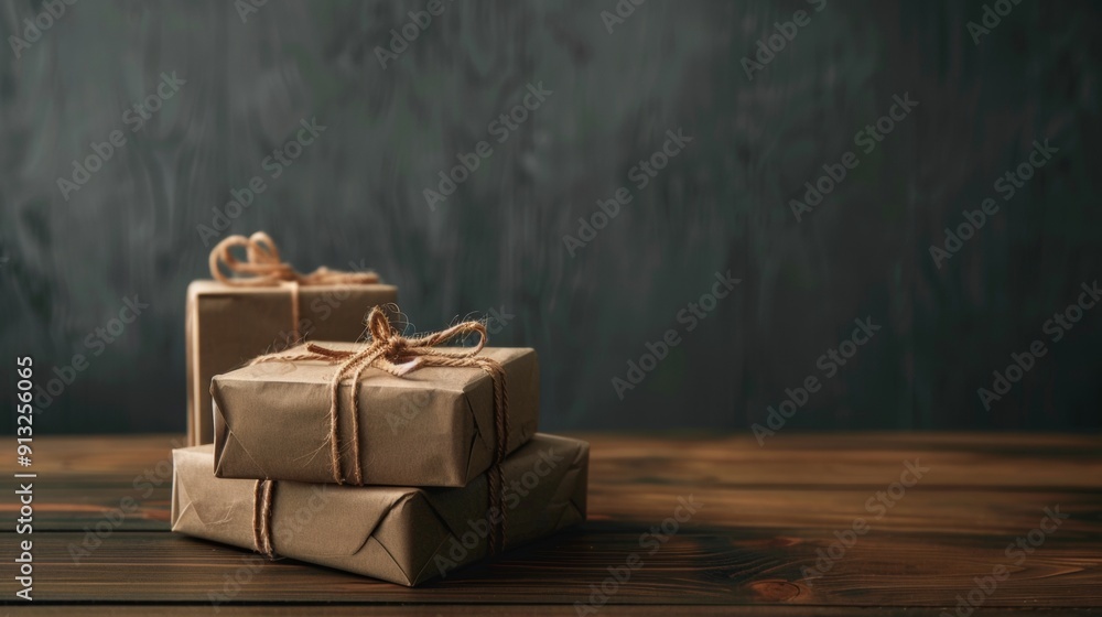 Fototapeta premium Gift boxes wrapped in brown paper with twine