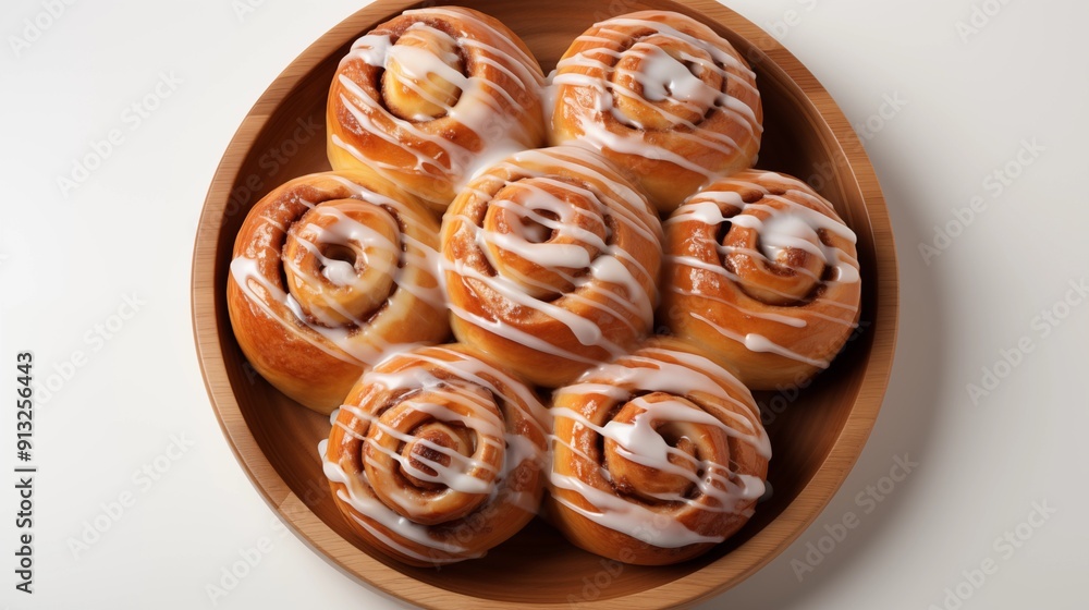 Close view of cinnamon rolls, front view from above, studio lighting, isolated white background. Close view of cinnamon rolls, front view from above, studio lighting, isolated white background.