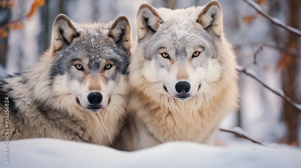 Obraz premium Two grey wolves with snow on their fur looking intensely at the camera in a snowy forest.