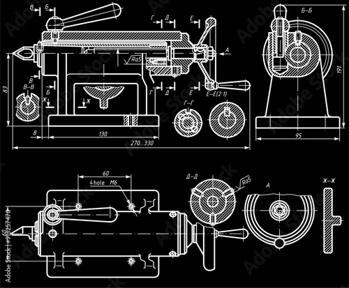 Assembly drawing of turning machine (lathe).
Vector drawing of steel mechanical device with shaft, gear, 
electric engine, wheel and dimension lines.
Engineering cad scheme. Technical template. 