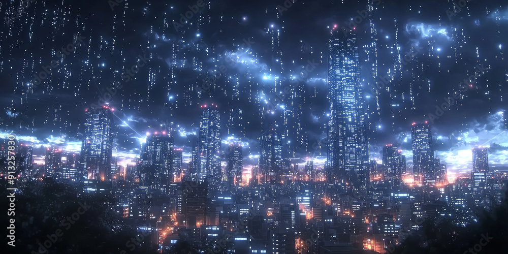 A digital concept of a smart city skyline over a network grid with floating particles, depicted in blue tones against a dark background A digital concept of a smart city skyline over a network grid with floating particles, depicted in blue tones against a dark background
