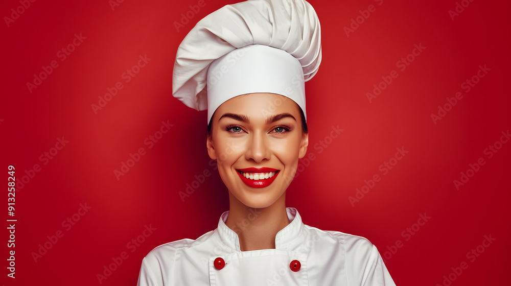 Photo of a brunette woman in a chef's hat grinning confidently against a red background Photo of a brunette woman in a chef's hat grinning confidently against a red background