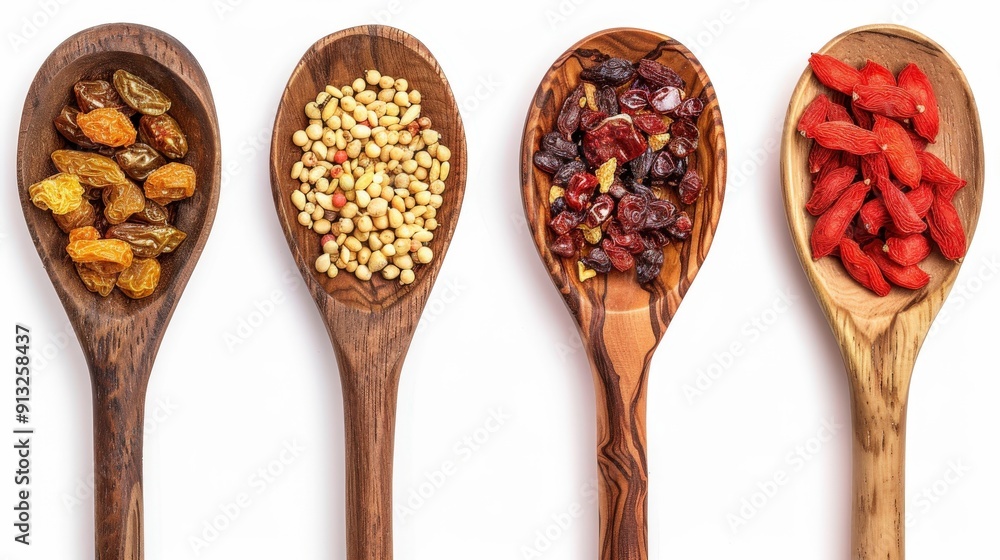 Dried fruit and berries in wooden spoons isolated on white background. Dried fruit and berries in wooden spoons isolated on white background.