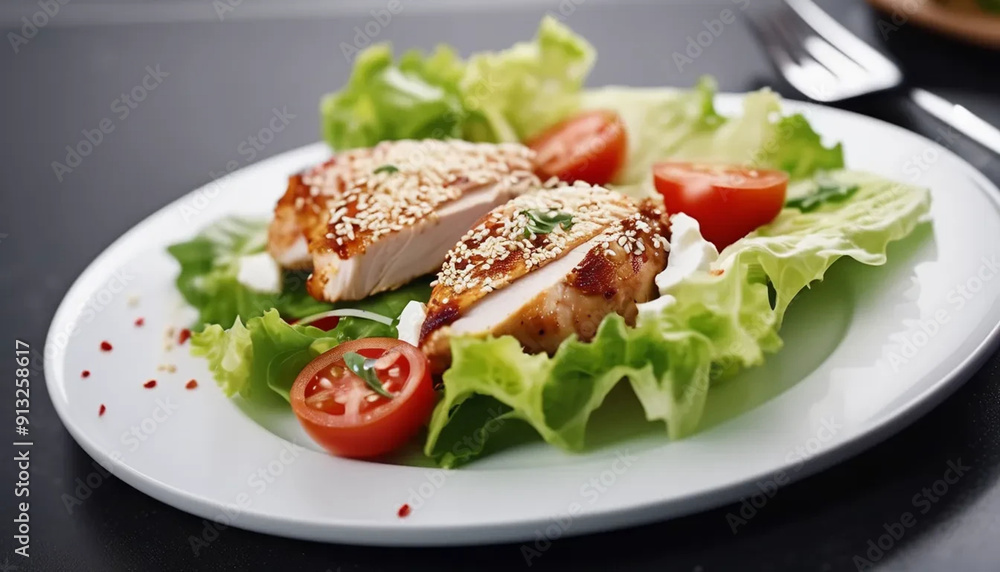 Baked chicken with sesame, lettuce and tomatoes. Close up. Baked chicken with sesame, lettuce and tomatoes. Close up.