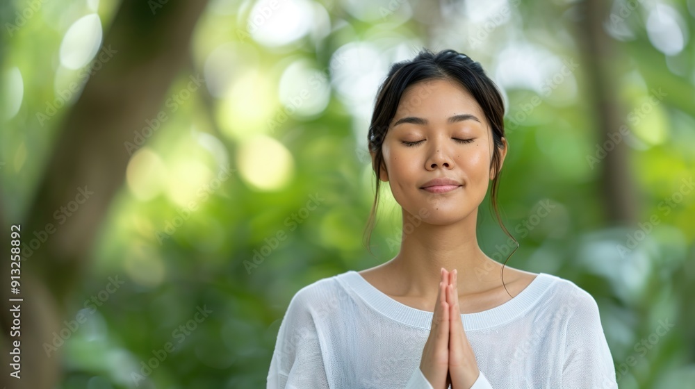 Serene Asian Woman Meditating in a Peaceful Garden Oasis - Finding Ethnic Harmony and Inner Balance Serene Asian Woman Meditating in a Peaceful Garden Oasis - Finding Ethnic Harmony and Inner Balance
