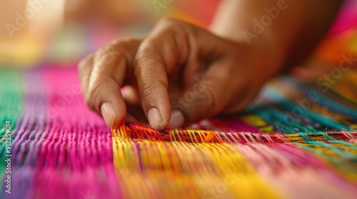 Cultural Heritage: Indigenous Woman Masterfully Weaving a Colorful Tapestry with Traditional Craftsmanship and Ethnic Artistry