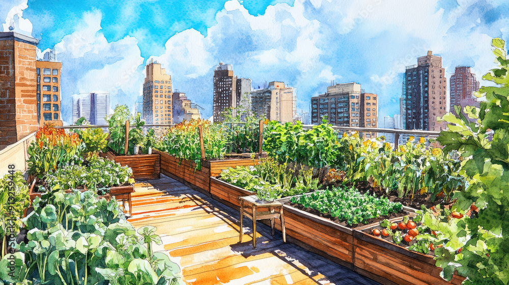 Urban Rooftop Garden with Lush Vegetation and City Skyline on a Sunny Day Urban Rooftop Garden with Lush Vegetation and City Skyline on a Sunny Day
