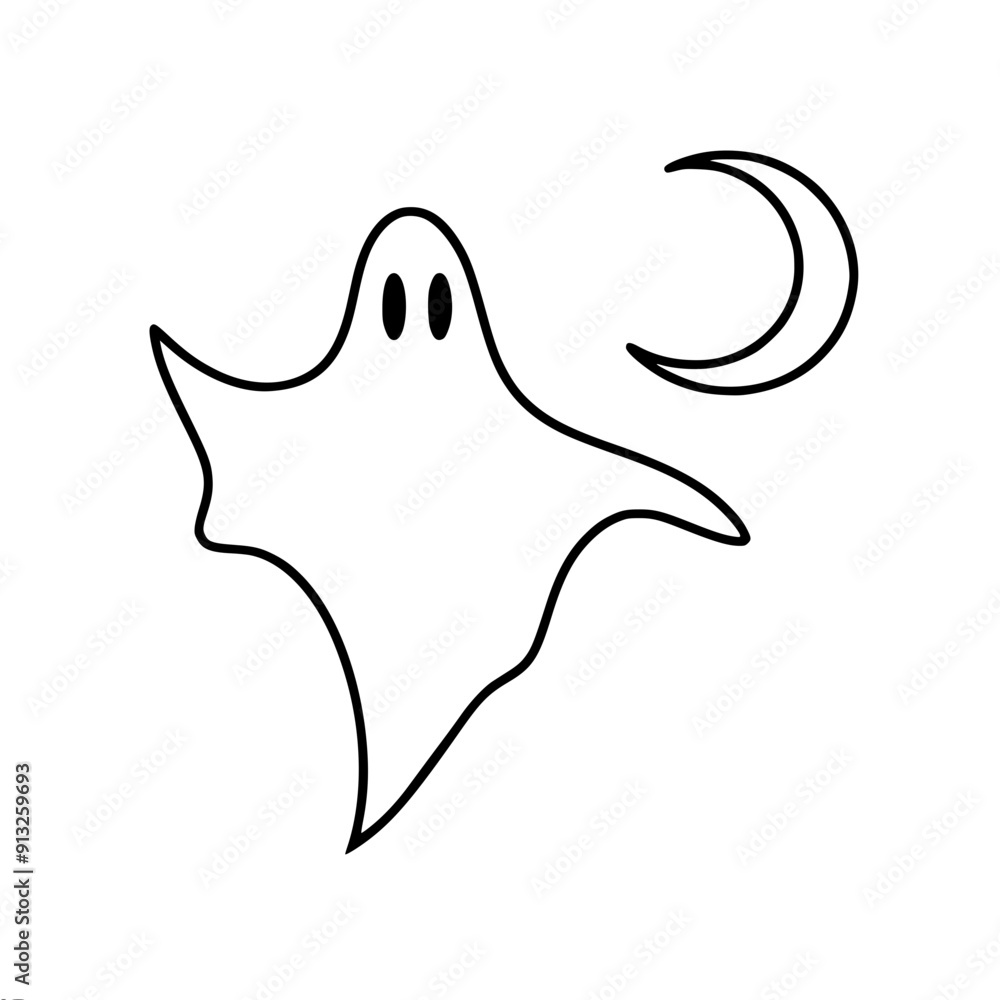 Simply a single line vector image of a stylized ghost with black eyes against the moon on a white background. Simply a single line vector image of a stylized ghost with black eyes against the moon on a white background.