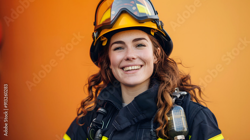 Photo of an auburn-haired woman in firefighter gear smiling reassuringly against an orange background 