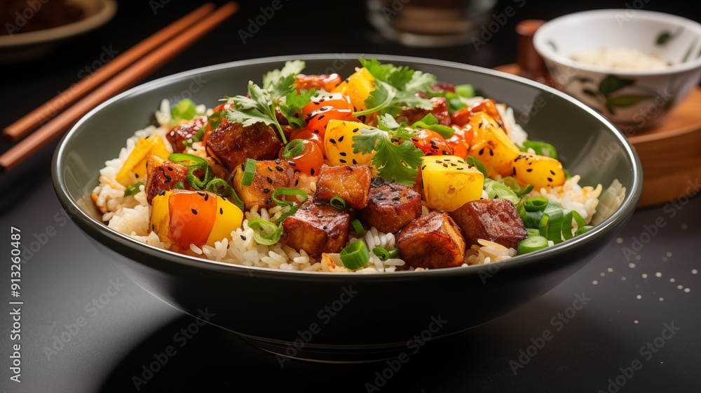 Close view of fried rice, front view from above, studio lighting, isolated white background. Close view of fried rice, front view from above, studio lighting, isolated white background.