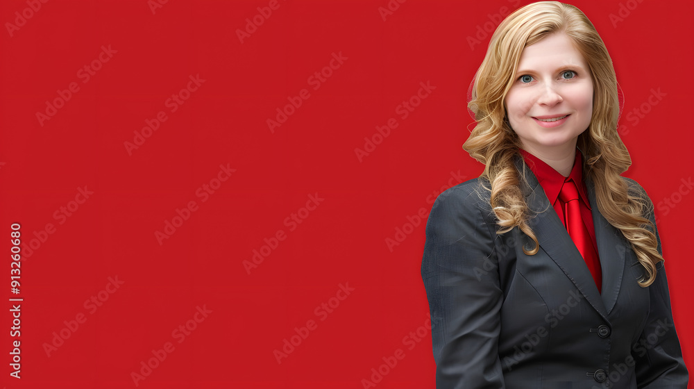 Photo of woman with blonde hair in a business suit smiling at the camera against a red background Photo of woman with blonde hair in a business suit smiling at the camera against a red background