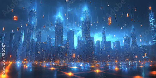 A digital concept of a smart city skyline over a network grid with floating particles, depicted in blue tones against a dark background