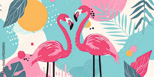 Two pink flamingos on a colorful abstract background.