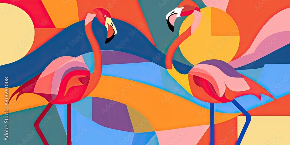 Naklejka premium Two pink flamingos against a colorful abstract background.