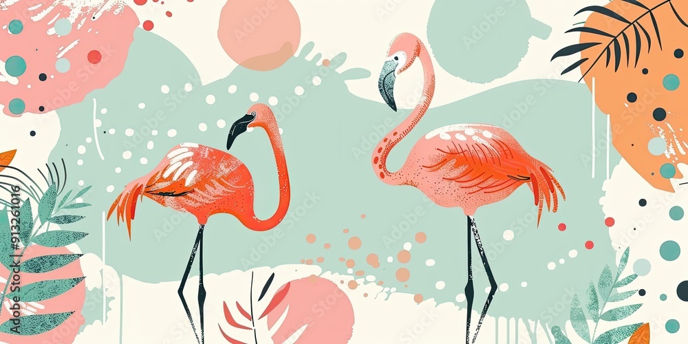 Naklejka premium Two pink flamingos on a blue and white background.
