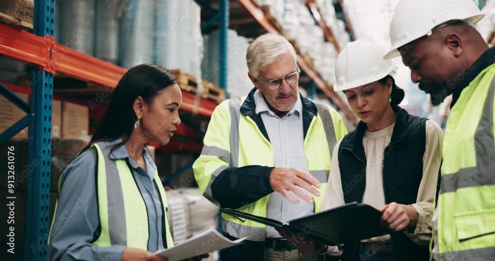 Logistics, discussion and supply chain team in storage for delivery price or transit process. Talking, industry factory and distribution operation group with report for import inflation in warehouse. Logistics, discussion and supply chain team in storage for delivery price or transit process. Talking, industry factory and distribution operation group with report for import inflation in warehouse.