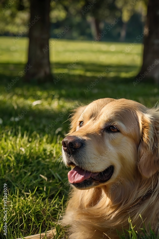 A golden retriever is laying in the grass, looking up at the camera A golden retriever is laying in the grass, looking up at the camera