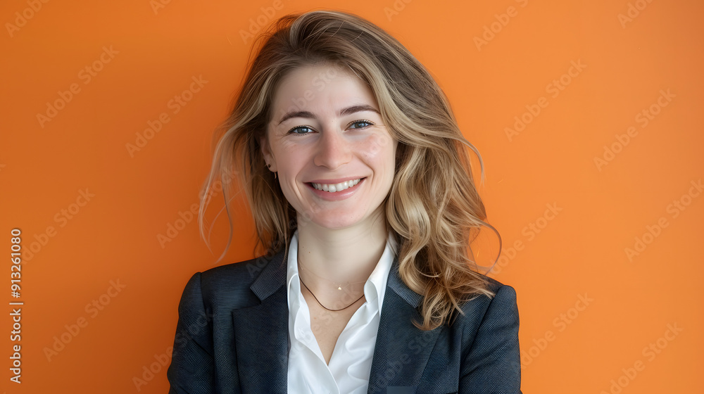 Photo of woman with blonde hair in a business suit smiling at the camera against an orange background Photo of woman with blonde hair in a business suit smiling at the camera against an orange background