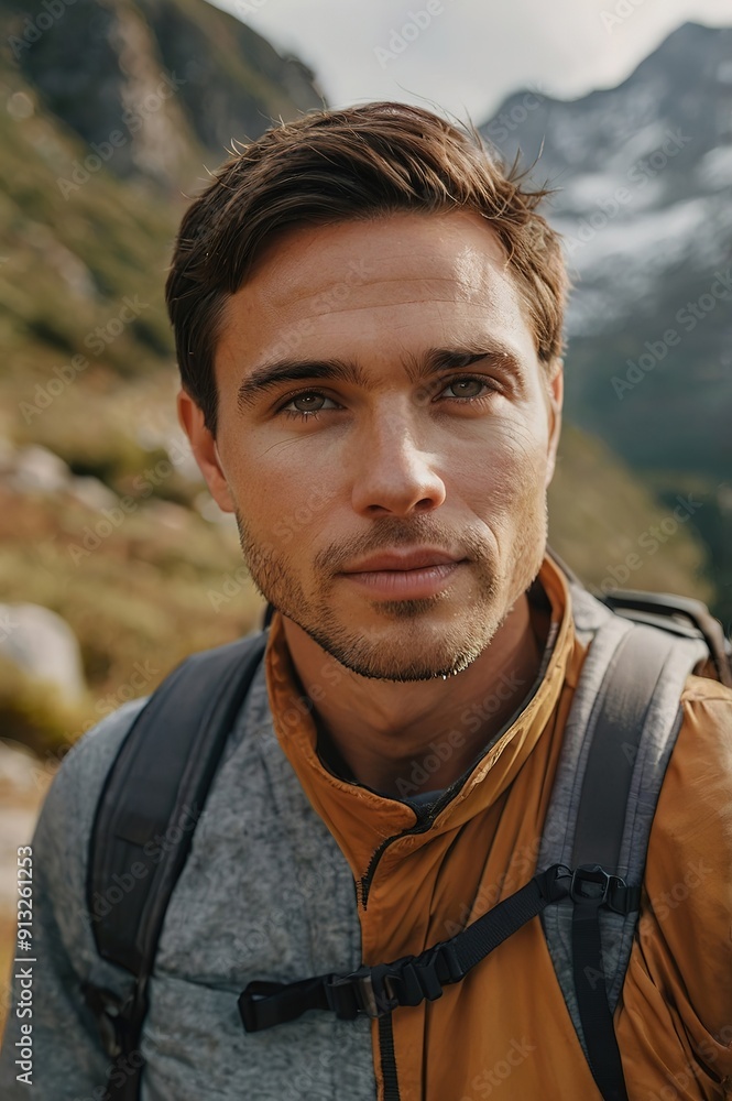 A man with a backpack and a jacket is looking at the camera A man with a backpack and a jacket is looking at the camera