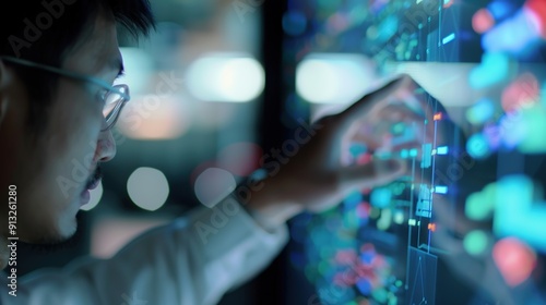 Modern Businessman Setting Targets on High-Tech Touch Screen in Advanced Office Environment