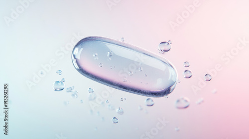 Pink gel capsule floating with water droplets, representing healthcare and medicine. photo